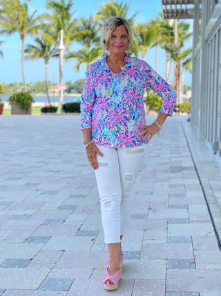 PINK PALM TREE 3/25 RUFFLE TOP - Cathys Place