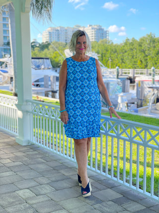 BAHAMA BLUE SHIFT RUFFLE DRESS