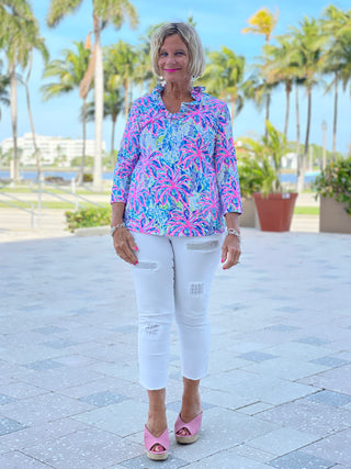 PINK PALM TREE 3/25 RUFFLE TOP - Cathys Place