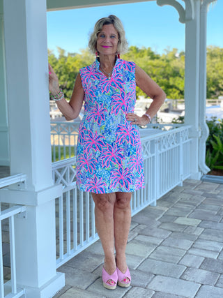 PINK PALM TREE BEACH COLLAR DRESS