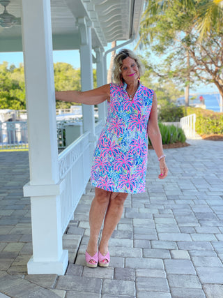 PINK PALM TREE BEACH COLLAR DRESS