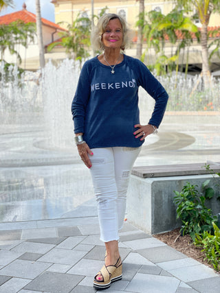 CHENILLE BEACH TIME NAVY CREW SWEATER - Cathys Place
