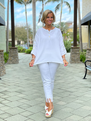 WHITE WAFFLE  3 BUTTON TOP