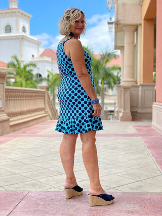 SEASIDE BLUE HALTER RUFFLE DRESS