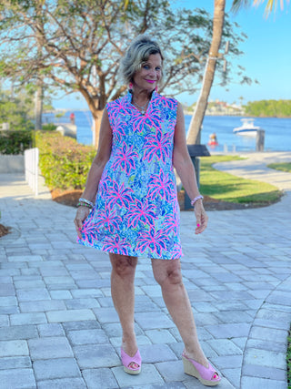 PINK PALM TREE BEACH COLLAR DRESS