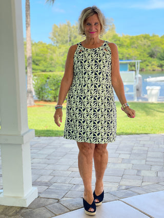 GREEN AND NAVY PALM HALTER DRESS