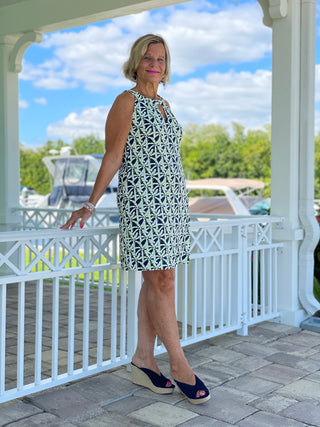 GREEN NAVY PALM KEYHOLE DRESS