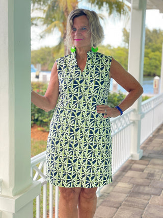 GREEN AND NAVY PALM COLLAR DRESS