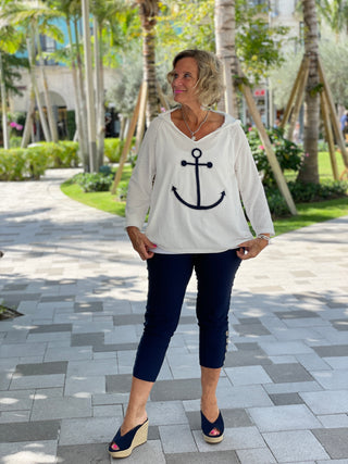 CHENILLE WHITE ANCHOR HOODED SWEATER