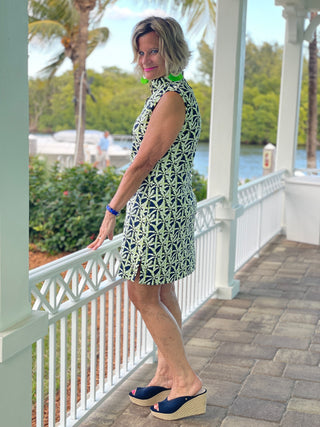 GREEN AND NAVY PALM COLLAR DRESS