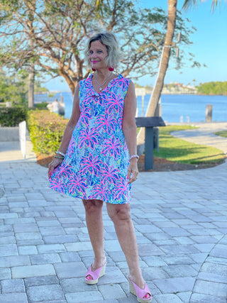 PINK PALM TREE BEACH RUFFLE DRESS