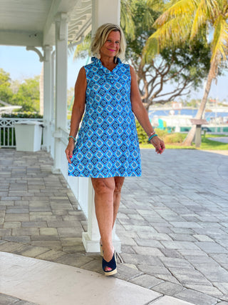 BAHAMA BLUE TURTLE RUFFLE DRESS