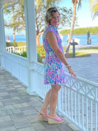 PINK PALM TREE BEACH COLLAR DRESS