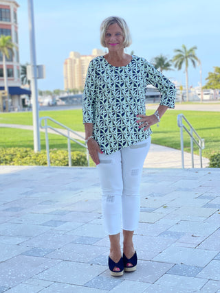 GREEN AND NAVY PALM ASYMMETRIC TOP - Cathys Place