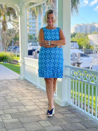 BAHAMA BLUE SHIFT RUFFLE DRESS