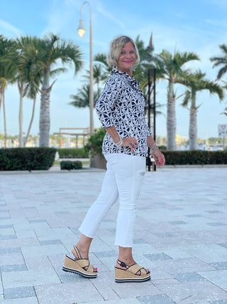BLACK AND BEIGE 3/25 RUFFLE TOP - Cathys Place