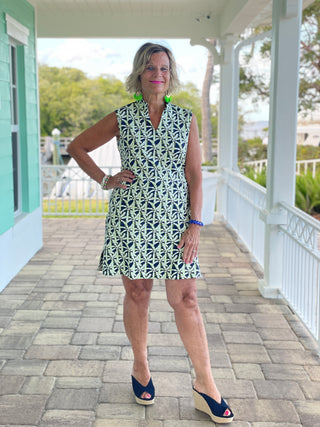 GREEN AND NAVY PALM COLLAR DRESS