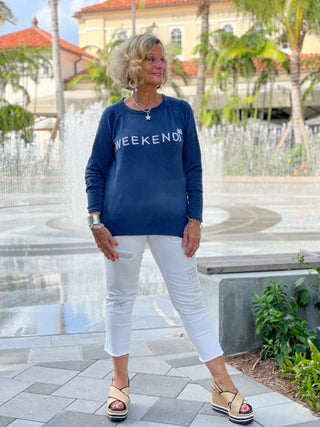 CHENILLE BEACH TIME NAVY CREW SWEATER - Cathys Place