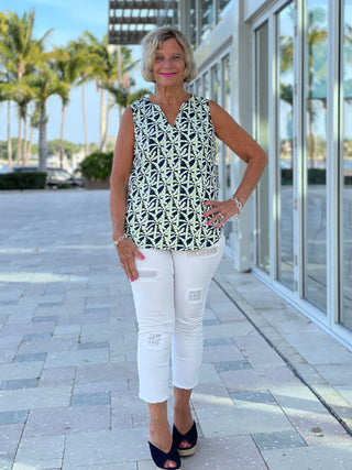 GREEN AND NAVY SLEEVELESS PALM TOP