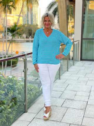 AQUA STRIPE V NECK SWEATER