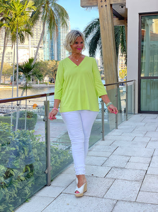 TAILORED SLEEVE LIME V NECK TOP