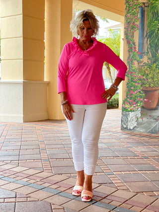 HOT PINK 3/25 SLEEVE RUFFLE TOP