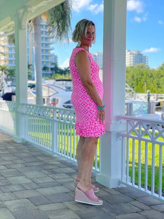 PINK DIAMONDS SHIFT RUFFLE DRESS