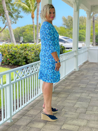 BAHAMA BLUE TURTLE RUFFLE SLEEVE DRESS