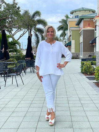 WHITE WAFFLE  3 BUTTON TOP