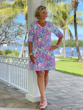 PINK PALM TREE ELBOW SLEEVE DRESS