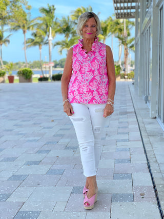PINK LANE SLEEVELESS RUFFLE TOP - Cathys Place