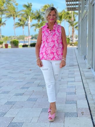 PINK LANE SLEEVELESS RUFFLE TOP