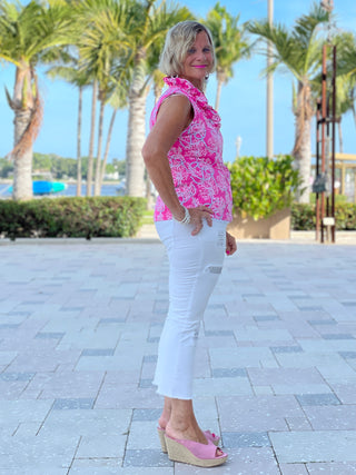 PINK LANE SLEEVELESS RUFFLE TOP