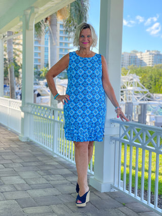 BAHAMA BLUE SHIFT RUFFLE DRESS