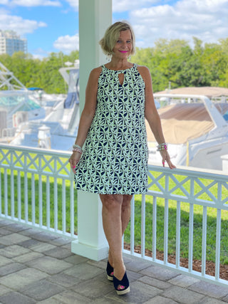 GREEN NAVY PALM KEYHOLE DRESS