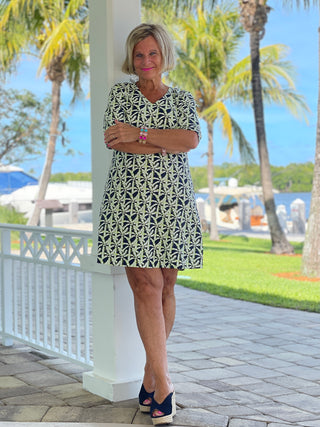 GREEN NAVY PALM ELBOW SLEEVE DRESS - Cathys Place