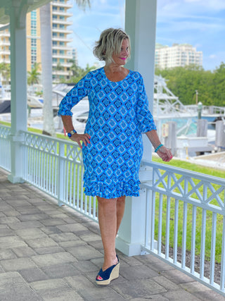 BAHAMA BLUE TURTLE RUFFLE SLEEVE DRESS