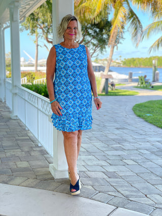 BAHAMA BLUE SHIFT RUFFLE DRESS