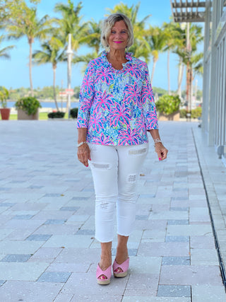 PINK PALM TREE 3/25 RUFFLE TOP - Cathys Place