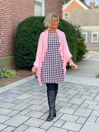 PINK AND BLACK HOUNDSTOOTH KEYHOLE DRESS