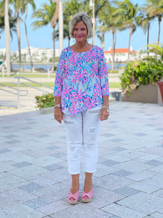 PINK PALM TREE ASYMMETRIC TOP