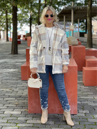 BLUE/CREAM PLAID FAUX FUR JACKET OR COAT