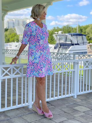 PINK PALM TREE ELBOW SLEEVE DRESS