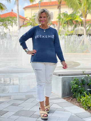 CHENILLE BEACH TIME NAVY CREW SWEATER - Cathys Place