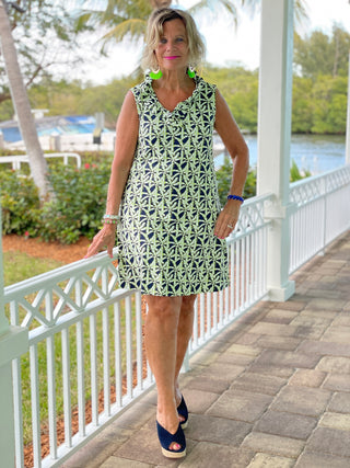 GREEN AND NAVY SLEEVELESS RUFFLE DRESS