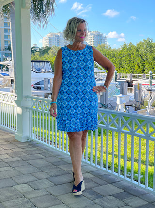 BAHAMA BLUE SHIFT RUFFLE DRESS