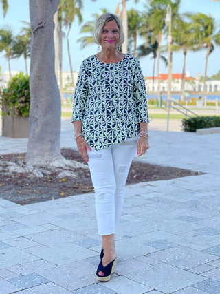 GREEN AND NAVY PALM ASYMMETRIC TOP - Cathys Place