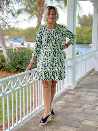 GREEN AND NAVY PALM SLEEVE DRESS