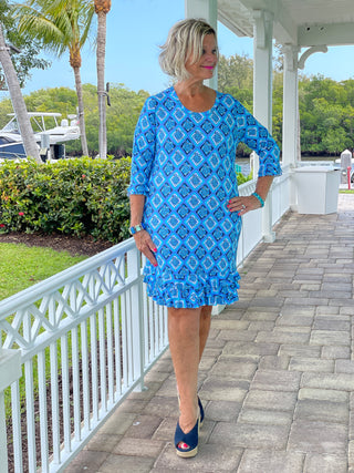 BAHAMA BLUE TURTLE RUFFLE SLEEVE DRESS