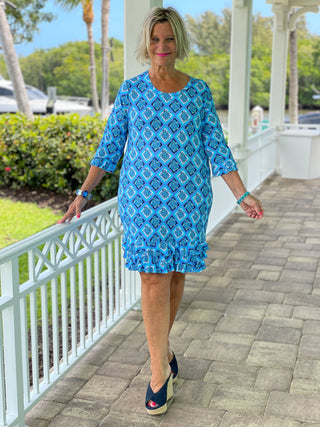 BAHAMA BLUE TURTLE RUFFLE SLEEVE DRESS